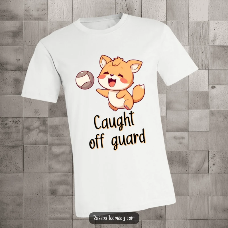 Funny T-Shirt: Happy animal with wide eyes, surprised expression, catching a ball, conveying unexpected joy and fun.