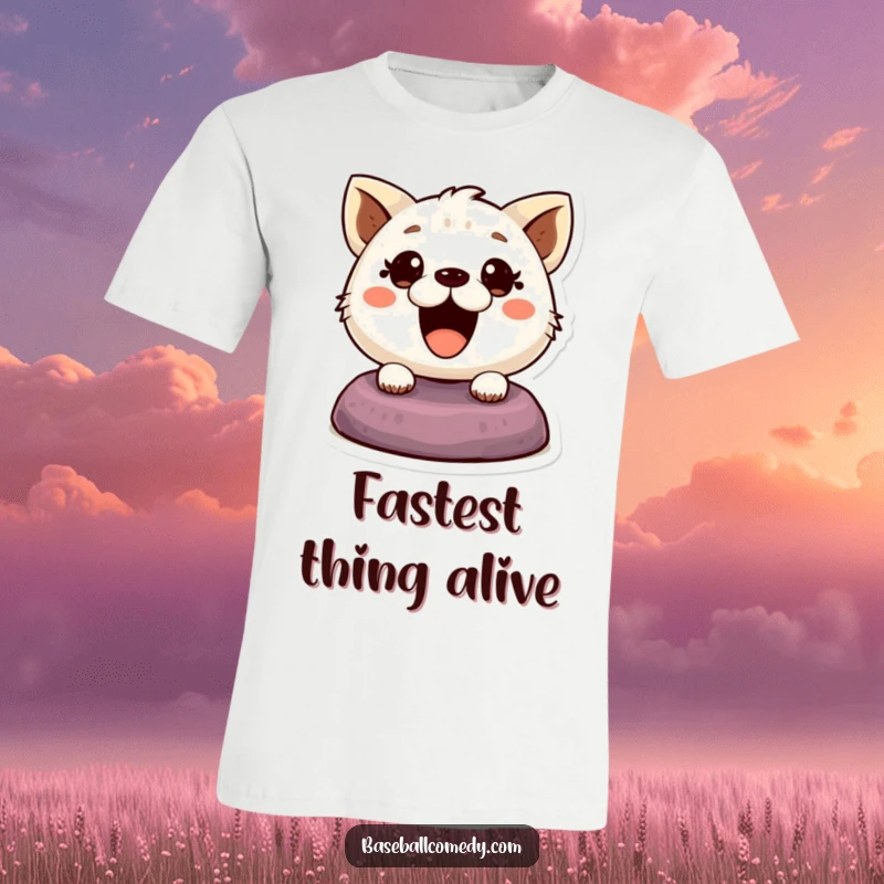 Funny t-shirt with a cute animal, eyes wide with excitement, caught in the act of stealing a base on the diamond.