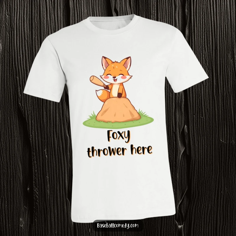 Funny fox t-shirt, happily pitching a baseball from a miniature mound, energetic and playful.