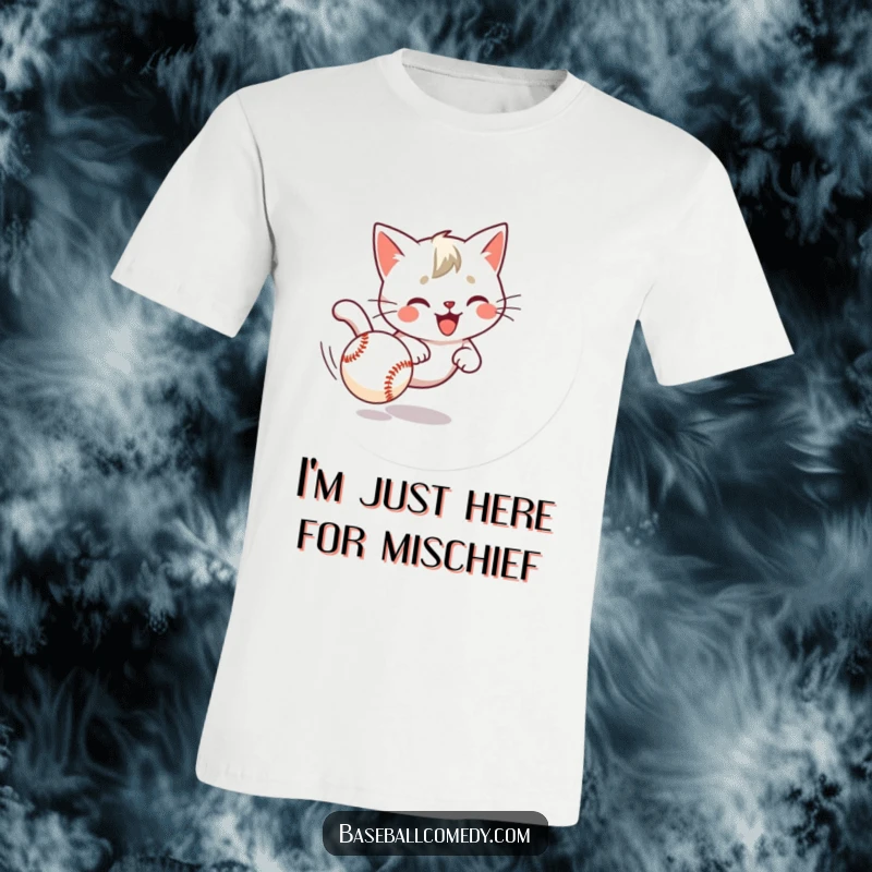 Funny cat t-shirt depicting a determined, playful kitten chasing after a rolling baseball with comical intensity.