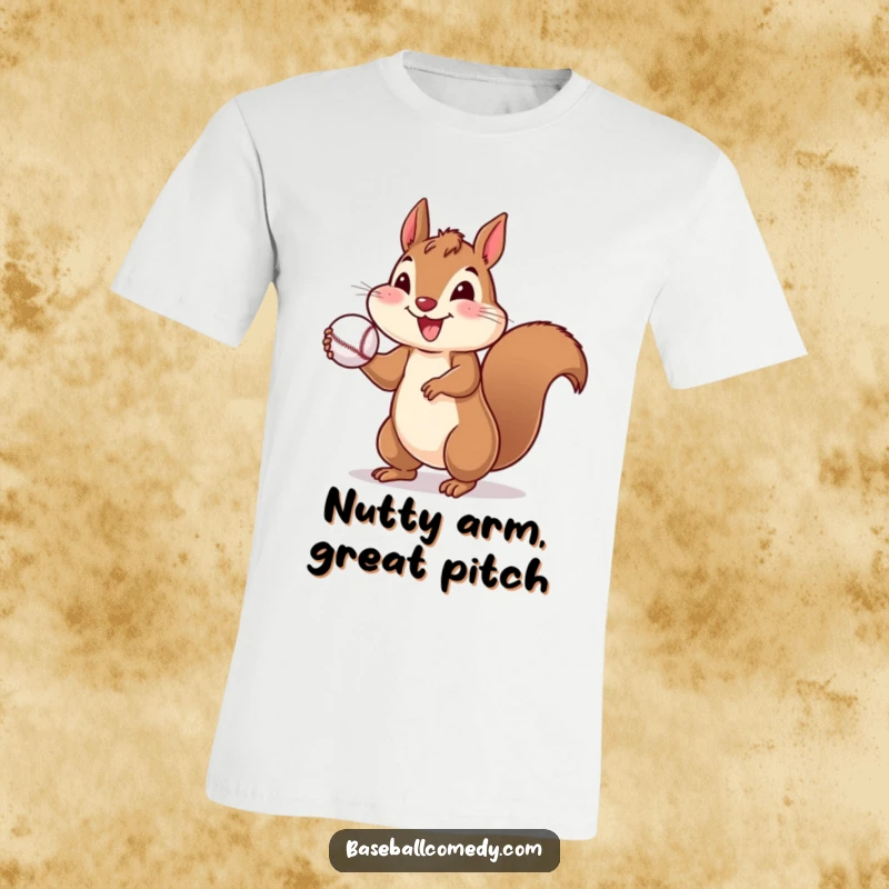 Funny T-shirt showing a cheerful squirrel throwing a small baseball, great for playful individuals.