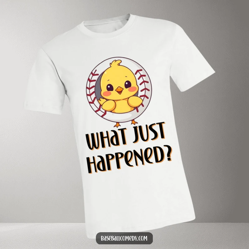 Funny t-shirt with a curious chick peeking out from behind a baseball, adorable and playful creature.