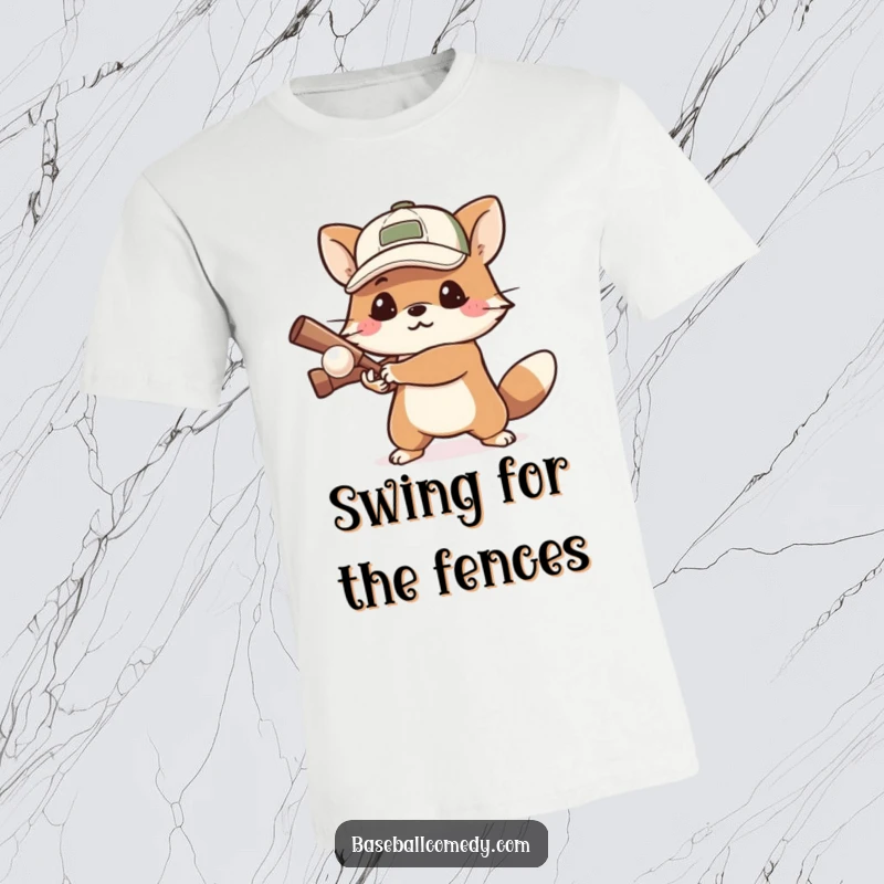 Funny t-shirt featuring a determined animal wearing a cap, ready to bat a small ball with a powerful swing stance.