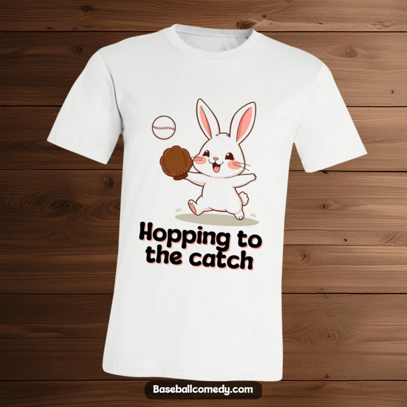 Funny T-shirt illustrating a determined rabbit catching a baseball with a glove, perfect for sports lovers.