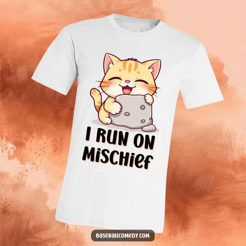 Funny t-shirt featuring a giggling cat mid-slide, stealing a baseball base undetected with a sly, amused expression.