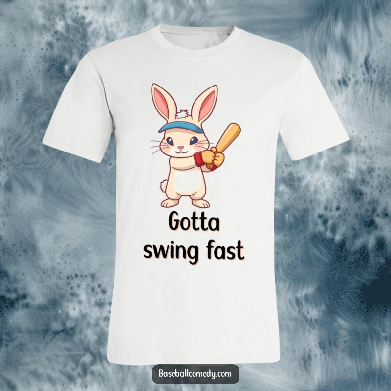 Funny rabbit wearing batting gloves, intense focus, poised to swing a baseball bat, printed on a humorous t-shirt.