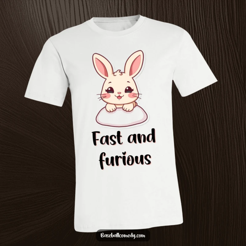 Funny t-shirt showing a cartoon rabbit sliding aggressively into a baseball base, capturing a moment of intense, humorous action.