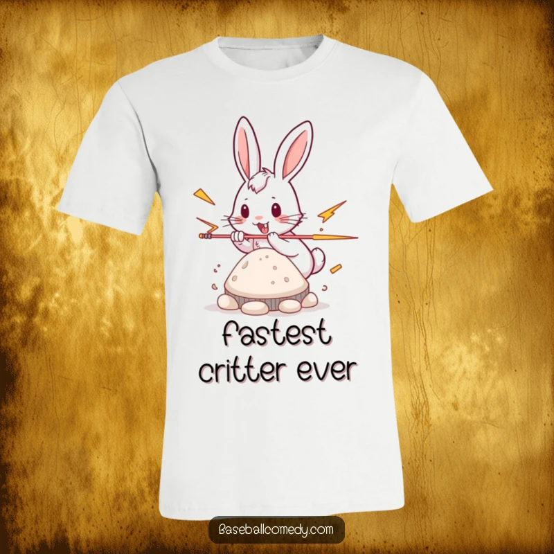Funny rabbit t-shirt, playfully stealing a base with lightning speed, fast and agile.