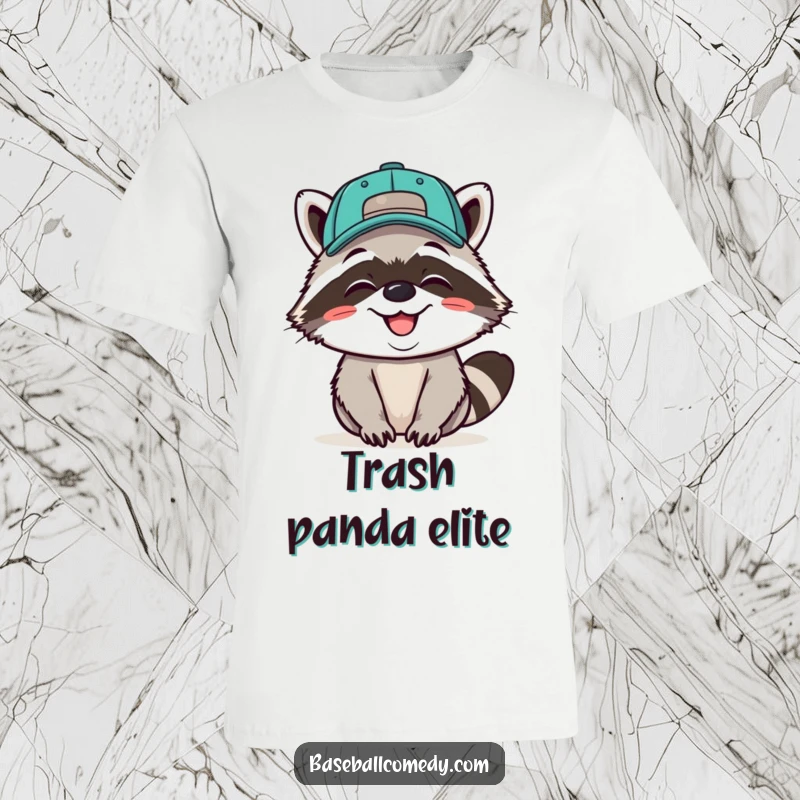 Funny t-shirt depicting a giggling raccoon sporting a backward baseball cap and a wide, happy grin.