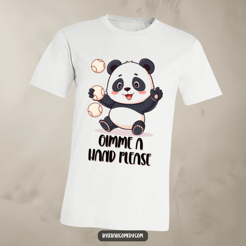 Funny panda comically struggling to juggle baseballs, wearing a baseball uniform, on a t-shirt, humorous gift idea.