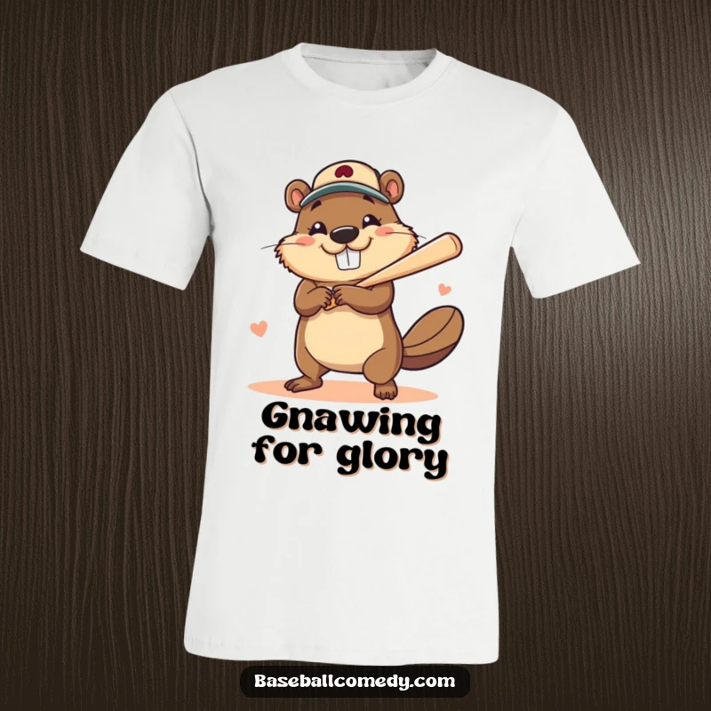 Funny t-shirt depicting a brave, smiling beaver hitting a massive home run with a baseball, showcasing pure joy.