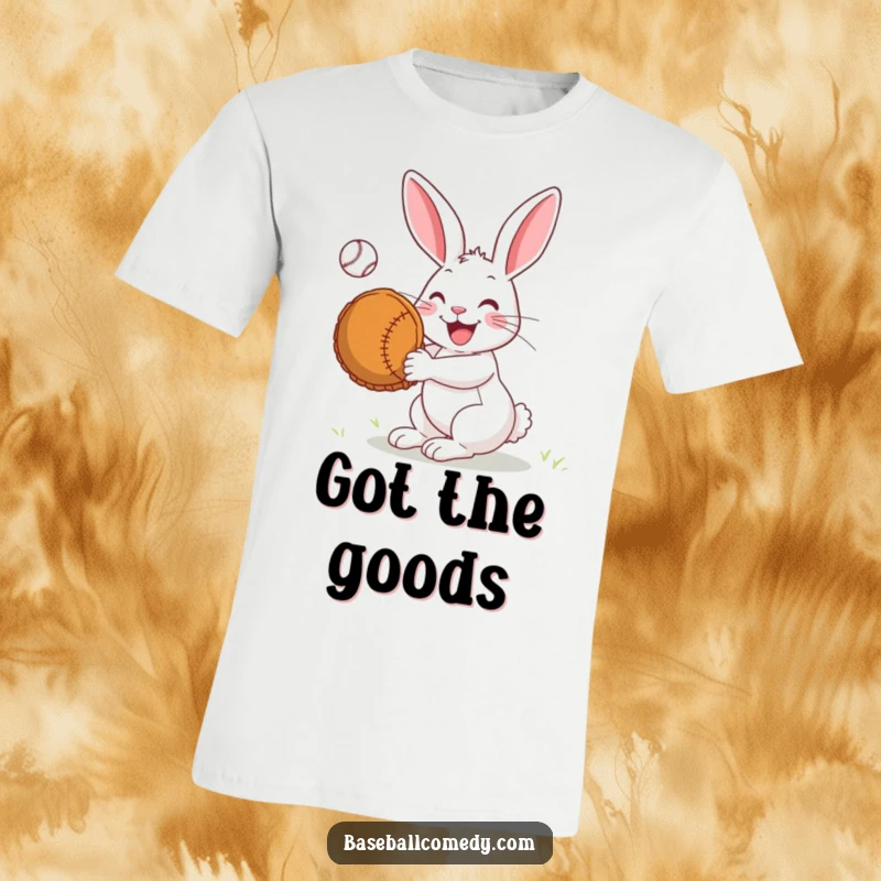 Funny T-Shirt: A joyful rabbit leaps to catch a baseball with an oversized mitt, expressing pure delight and skill.