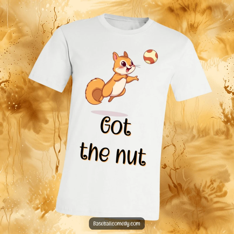 Funny squirrel t-shirt featuring a squirrel jumping to catch a fly ball, great for baseball fans with a sense of humor.