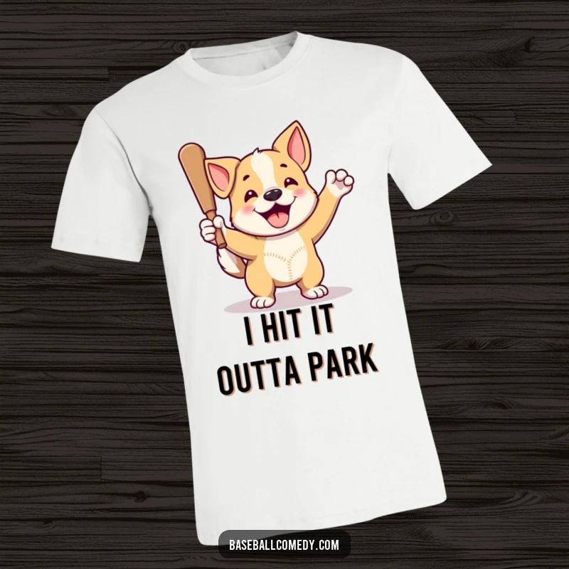 Funny dog t-shirt showing a proud dog with a wagging tail hitting a home run, great for baseball fans.
