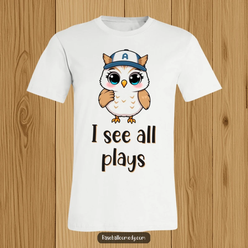 Funny t-shirt showcasing a winking owl coaching from first base in a baseball game, offering comical strategic advice.
