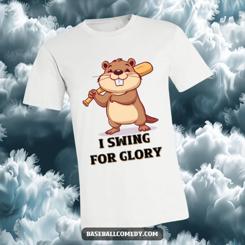 Funny beaver t-shirt featuring a determined beaver swinging a tiny baseball bat with a hopeful grin, ready to play.