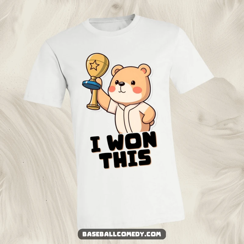 Funny bear champion t-shirt depicting a proud bear proudly holding up a baseball trophy in a moment of triumph.