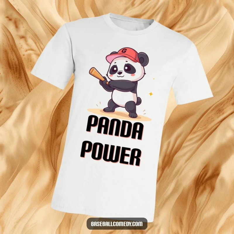Funny panda t-shirt depicting a playful panda triumphantly swinging a baseball bat and hitting a grand slam, perfect for humor lovers.