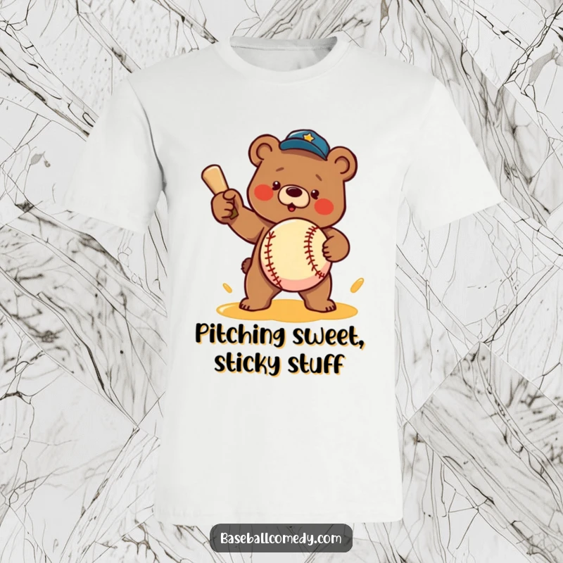 Funny t-shirt: A motivated bear character throws a baseball made entirely of sticky honey, a humorous sports illustration.