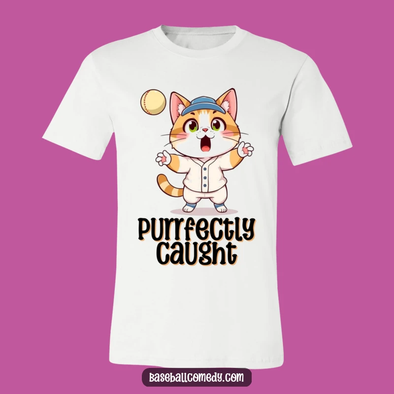 Funny Cat Baseball Tee: Surprised Feline Fly Ball Catcher Shirt