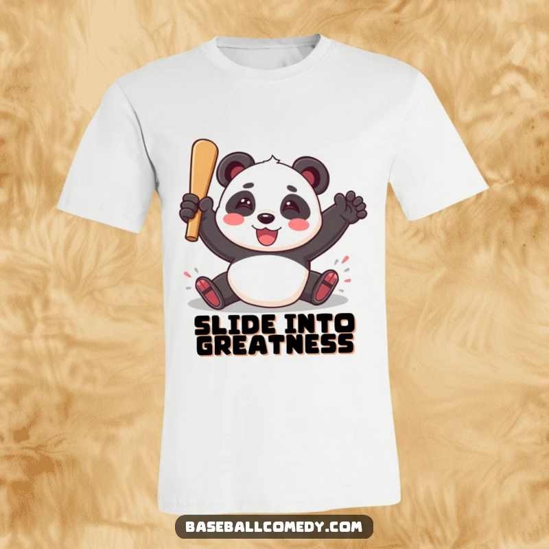 Funny t-shirt with a playful panda sliding into home plate, sporting a triumphant smile after a baseball game win.