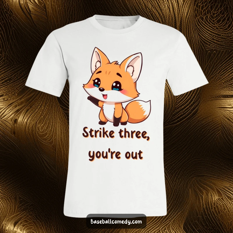 Funny t-shirt depicting a silly fox comically striking out during a baseball game, a humorous and relatable scene.