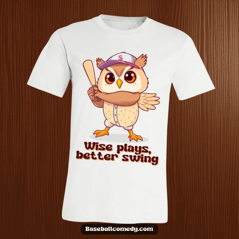 Funny t-shirt: A cute owl stands in a heroic baseball player stance, exuding playful determination and spirit.