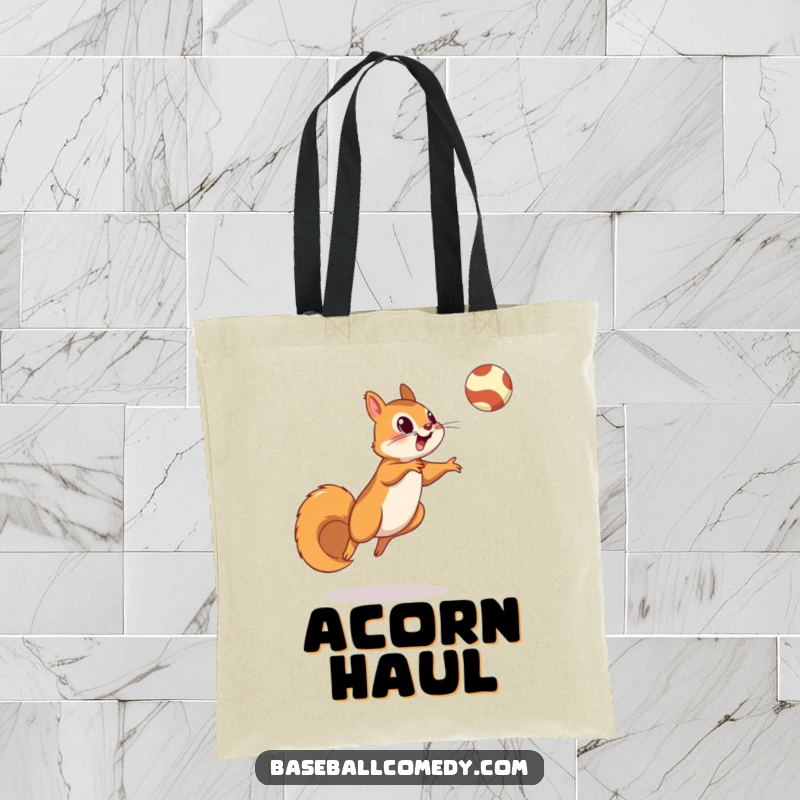 Funny squirrel tote bag showing a squirrel leaping to catch a fly ball, perfect for carrying baseball essentials.