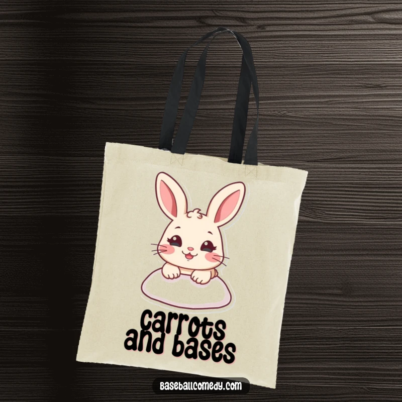 Funny tote bag with a cartoon rabbit sliding into a base, embodying speed and humorous athletic effort.