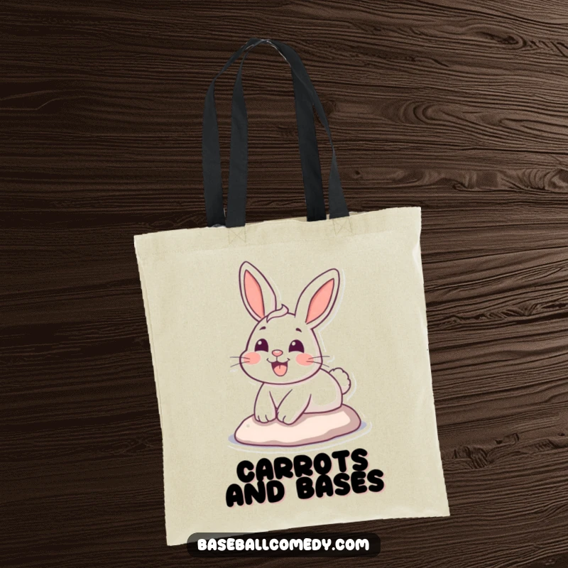 Funny tote bag featuring a happy cartoon bunny sliding into home base with an infectious grin, ready for adventure.