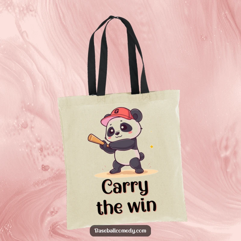 Funny panda tote bag showing a playful panda hitting a grand slam, great for carrying items with a touch of adorable sports humor.