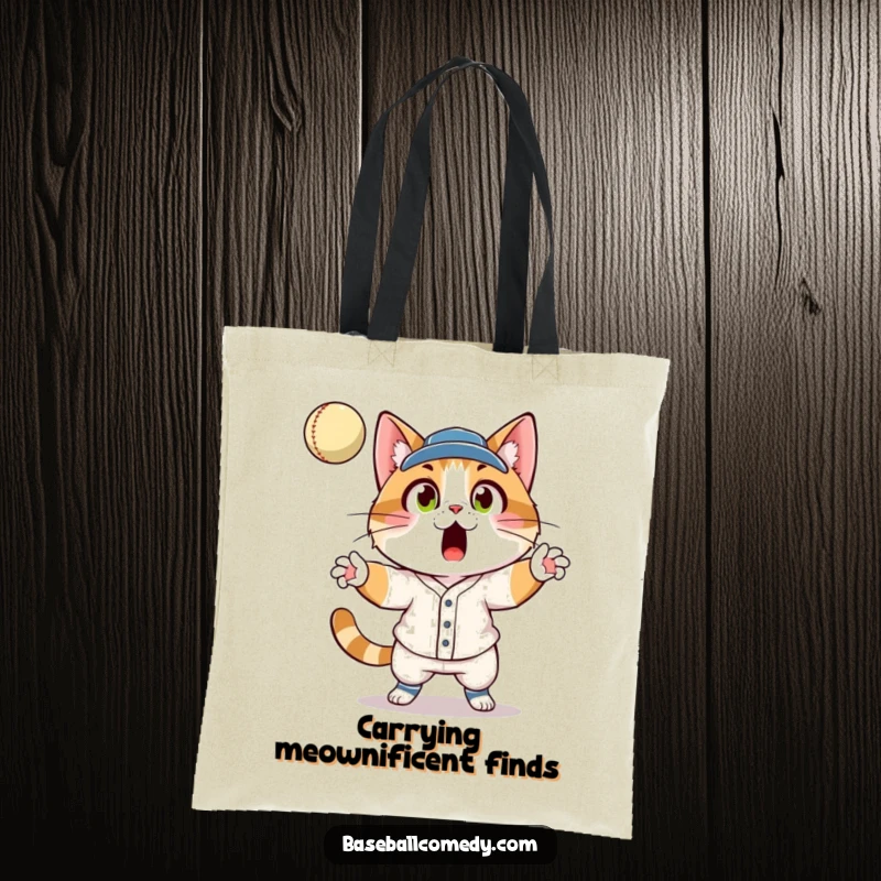Funny cat in baseball uniform, wide-eyed surprise, catching a fly ball, printed on a durable tote bag.