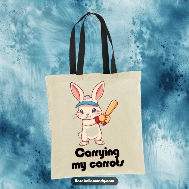 Funny rabbit wearing batting gloves, intense focus, ready to swing, printed on a durable tote bag.