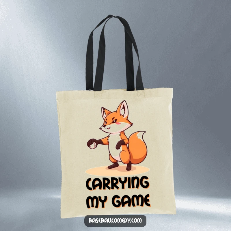 Funny tote bag featuring a determined fox in the act of pitching a baseball, embodying focus and humor.