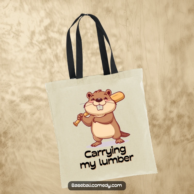 Funny beaver tote bag featuring a determined beaver swinging a tiny baseball bat with a hopeful grin, perfect for errands.