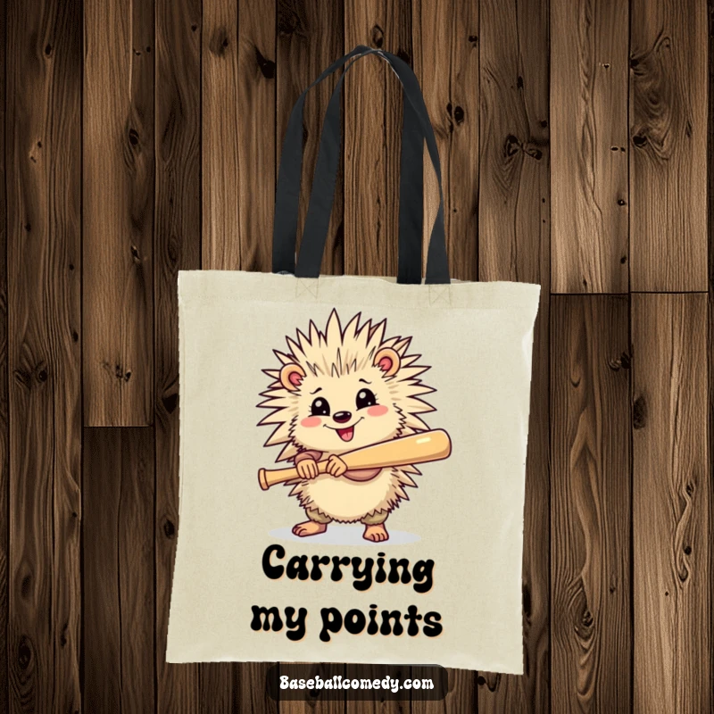 Funny tote bag with a cheerful porcupine holding a baseball bat, ready to swing, perfect for daily use.