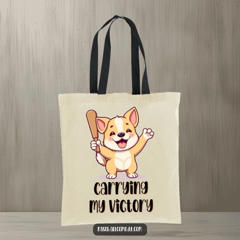Funny dog tote bag featuring a proud dog celebrating a home run, perfect for proud pup owners and baseball fans.