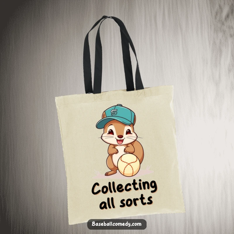 Funny squirrel baseball tote bag, a squirrel in a cap excitedly fields a ground ball with its paws, ideal for errands and gifts.