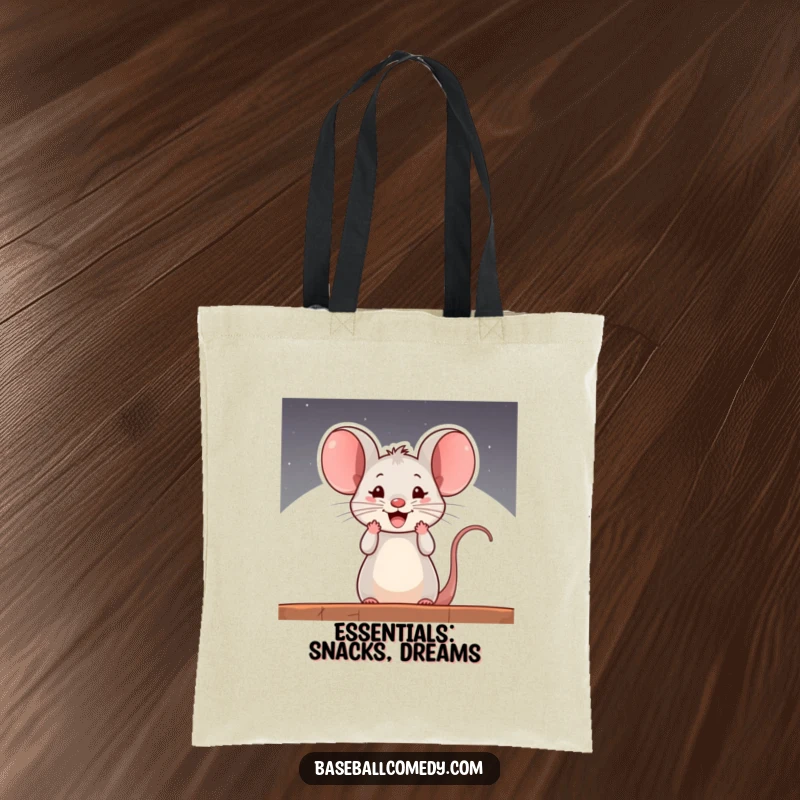 Funny tote bag featuring a curious mouse cheering ecstatically from a baseball dugout, embodying playful support and energy.