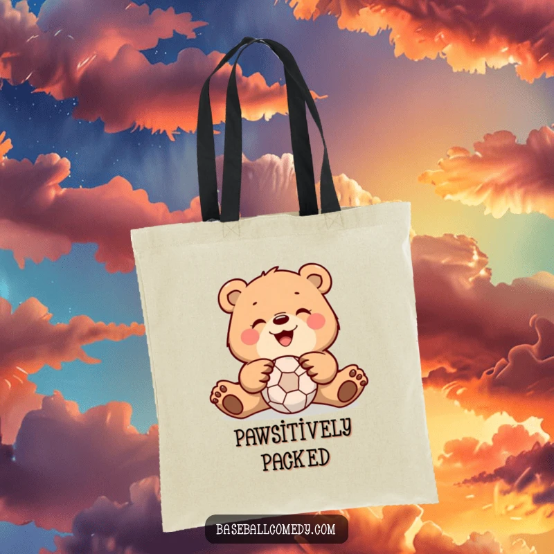 Funny bear tote bag depicting a joyful bear catching a ball, ideal for shoppers who love humorous and cute designs.