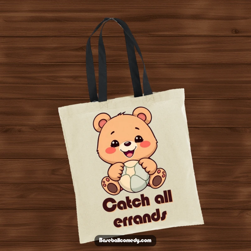 Funny tote bag featuring a smiling bear with paws ready to catch a ball, ideal for stylish, humorous carrying.