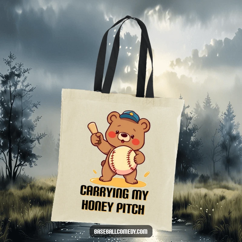 Funny tote bag: A focused bear character pitches a baseball constructed from delicious honey, a humorous carry-all.