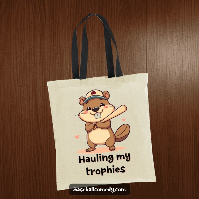 Funny tote bag featuring a brave beaver with a big, happy smile hitting a baseball home run, perfect for fans.