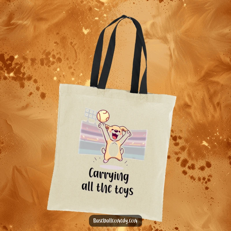 Funny tote bag with an energetic dog jumping to catch a home run baseball, ideal for carrying items with sporty flair.