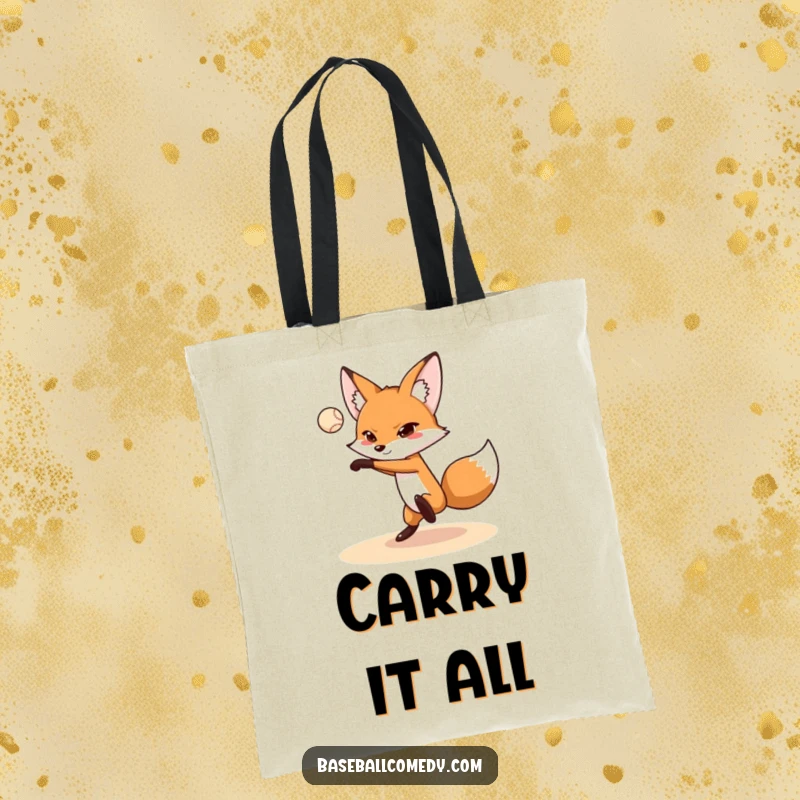 Funny fox tote bag showing a determined fox pitching a baseball, great for carrying items with a touch of sporty intelligence.