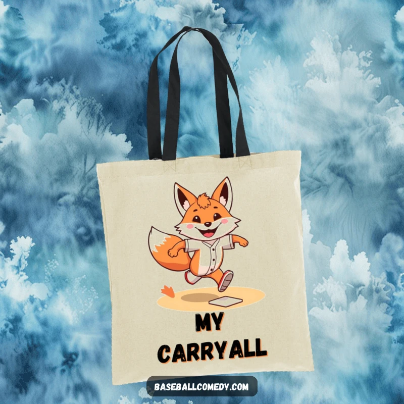 Funny Tote Bag: A grinning fox sprints with determination across baseball bases, ideal for carrying everyday items.