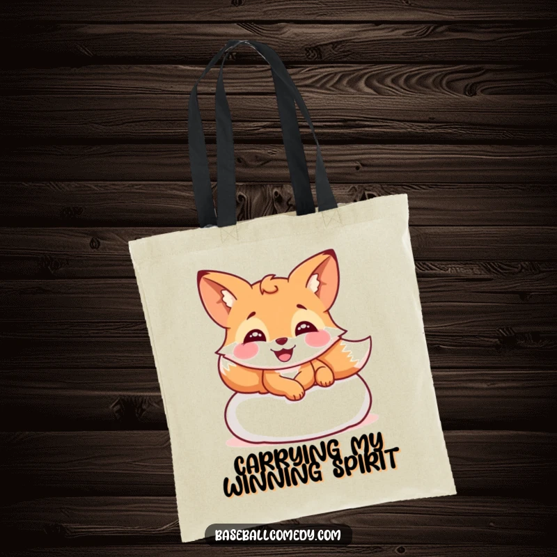 Funny tote bag designed with a happy, giggling fox sliding into a baseball base, great for humor lovers.