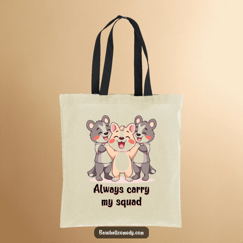 Funny tote bag with a happy animal celebrating with teammates, conveying pure joy and the spirit of togetherness.