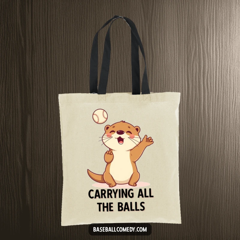 Funny tote bag featuring a playful cartoon otter juggling multiple baseballs in the air with impressive dexterity and a happy smile.