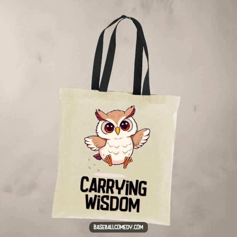 Funny owl tote bag showing a smiling owl rounding the bases with surprising speed, perfect for carrying baseball essentials.